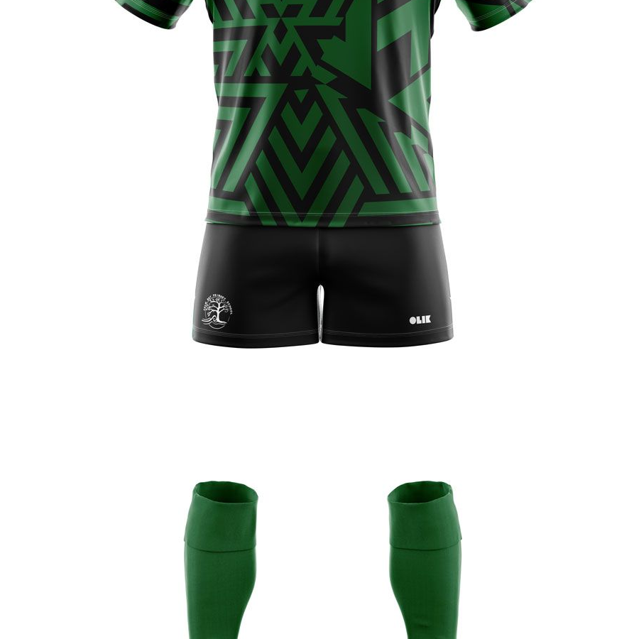A blank custom rugby kit in green ready for you to fill with your custom design. Kit features a white OLIK Sport logo.