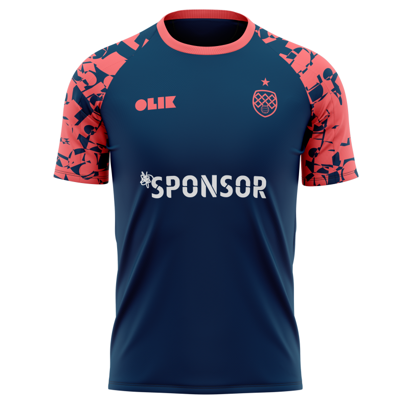 A navy blue custom football jersey with a pink pattern on the raglan sleeves. There is a pink OLIK logo, a place for a custom crest and the word