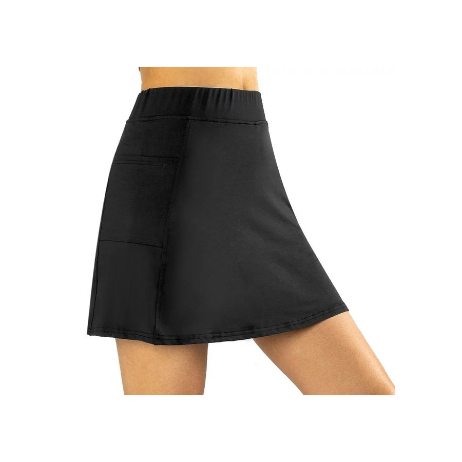 A black custom skort (a shorts and skirt hybrid) as photographed from the right side.