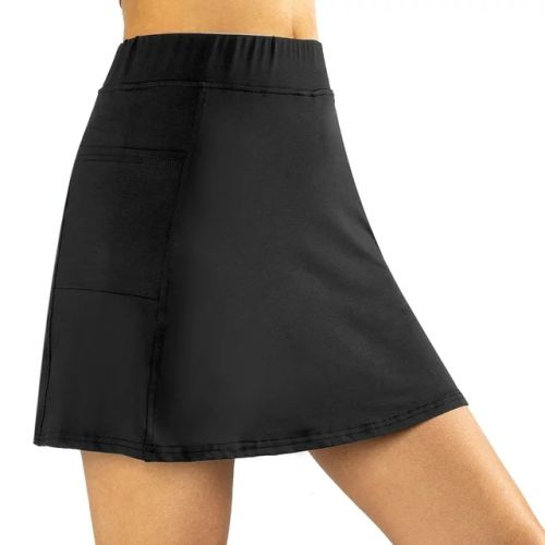A black custom skort (a shorts and skirt hybrid) as photographed from the right side.