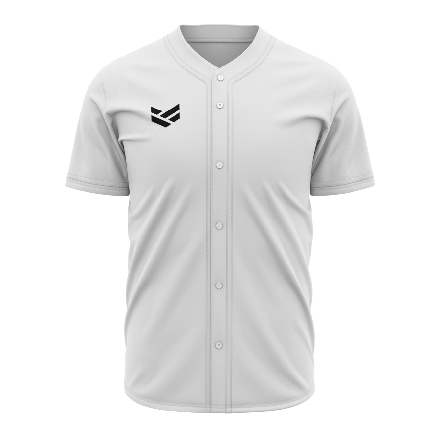 A custom baseball jersey featuring the OLIK logo. The baseball shirt is white, a blank canvas waiting for a custom design of your choice.