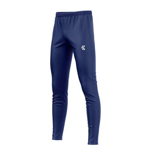 A pair of navy blue custom made drill tracksuit bottoms featuring a white OLIK Sport logo.