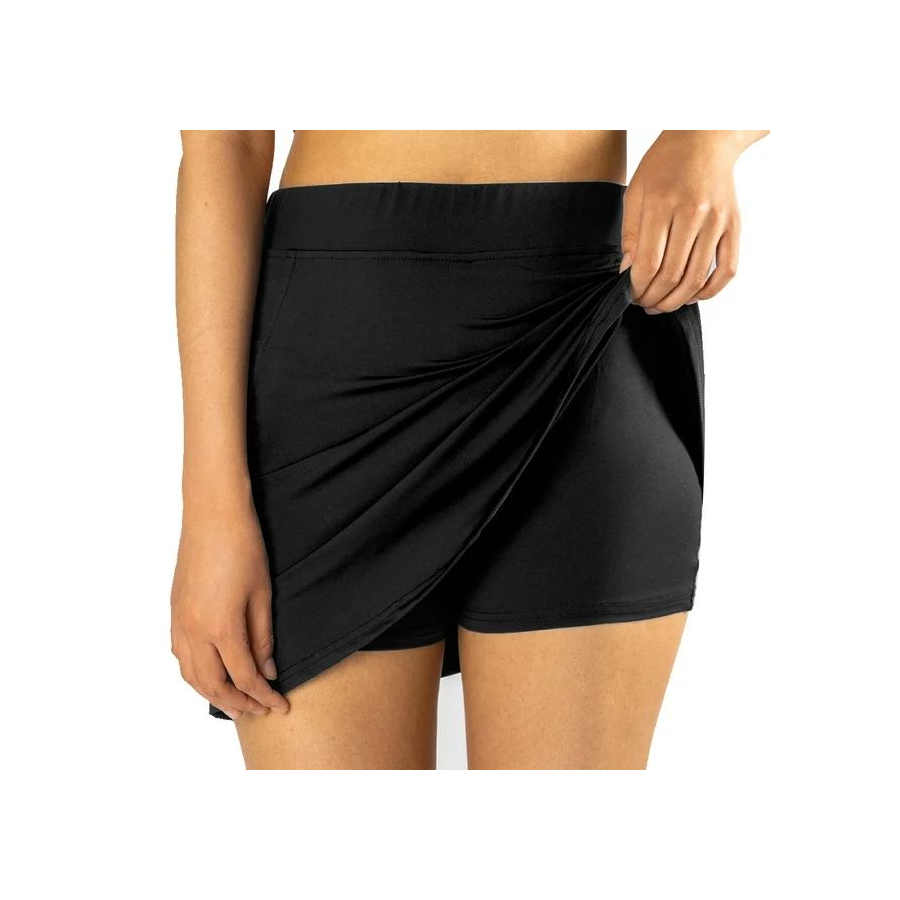 A black custom skort (a shorts and skirt hybrid) as photographed from the front.