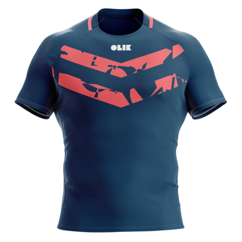 A blue custom rugby jersey with pink chevrons.