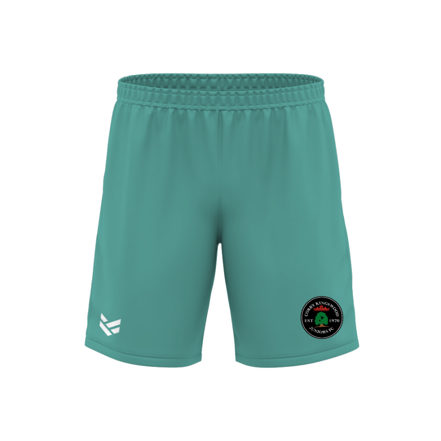 A pair of custom made sports shorts in green. They have a white OLIK logo and a place holder logo for you to put your own club crest.