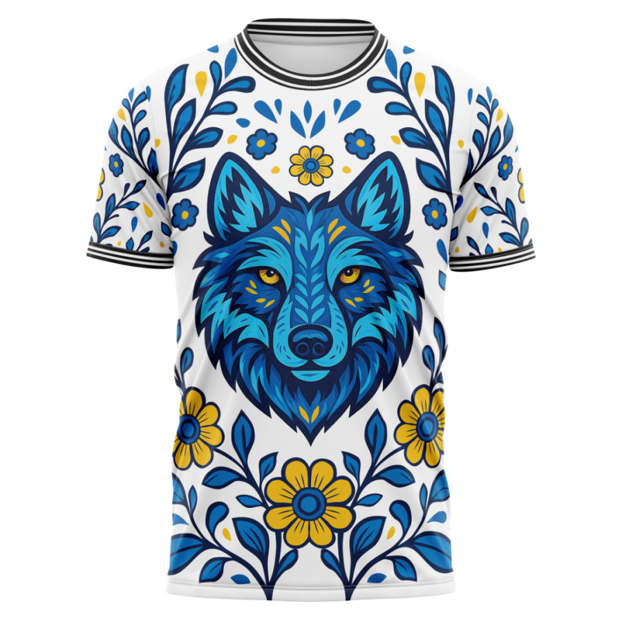 Customisable dodgeball shirt with wolf illustration and floral-inspired all-over pattern.