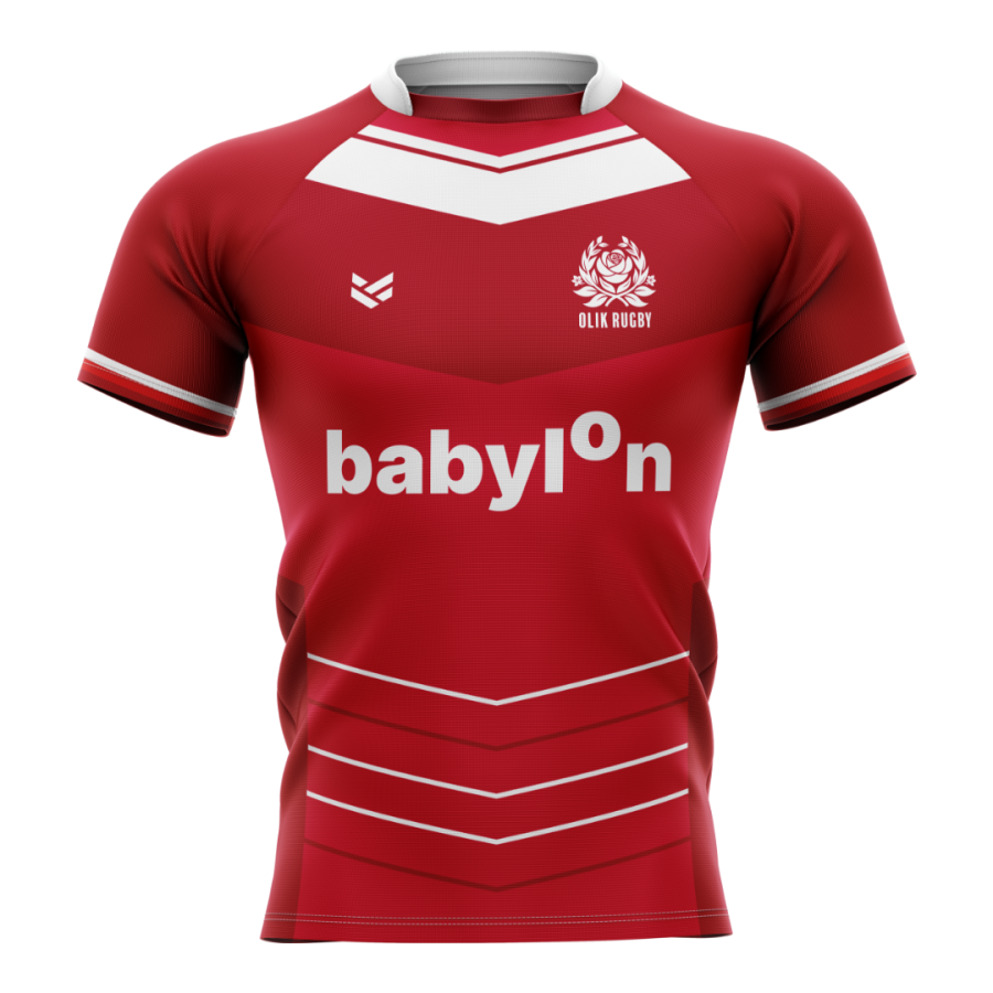 Red customisable rugby shirt with white V-neck collar, white shoulder chevrons, tonal red body pattern, white sleeve trim, OLIK Rugby crest and Babylon sponsor logo. Personalised rugby jersey with custom club colours, logos and sponsor branding.