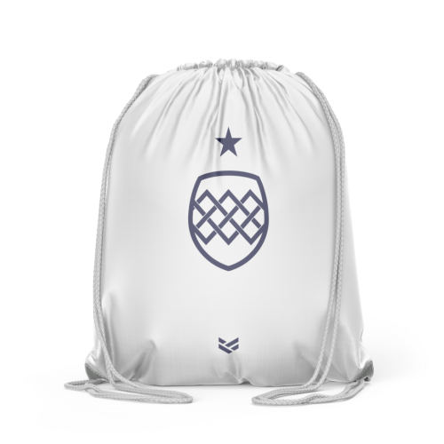 White customisable drawstring bag featuring team branding, with editable colours, logos and design details.