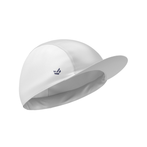 White customisable cycling cap with curved peak and editable colours, logos and branding details.