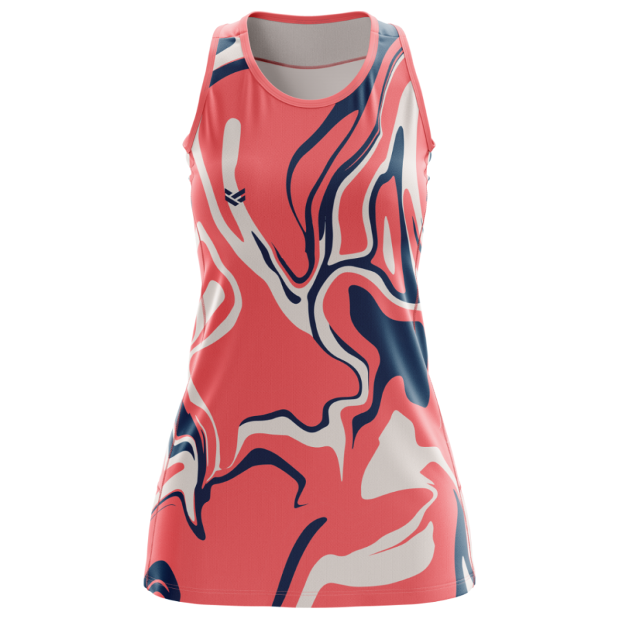 Pink personalised netball dress featuring a flowing abstract pattern with a sleeveless athletic cut for unrestricted movement.