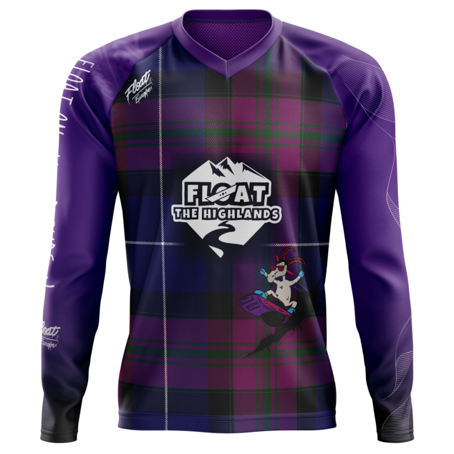 Purple custom mountain bike jersey with navy and purple tartan front panel,