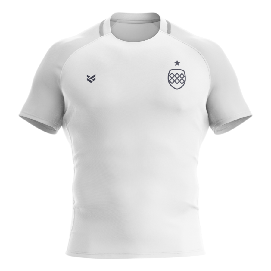 White customisable rugby shirt featuring a team crest, with editable colours, logos, patterns and design details.