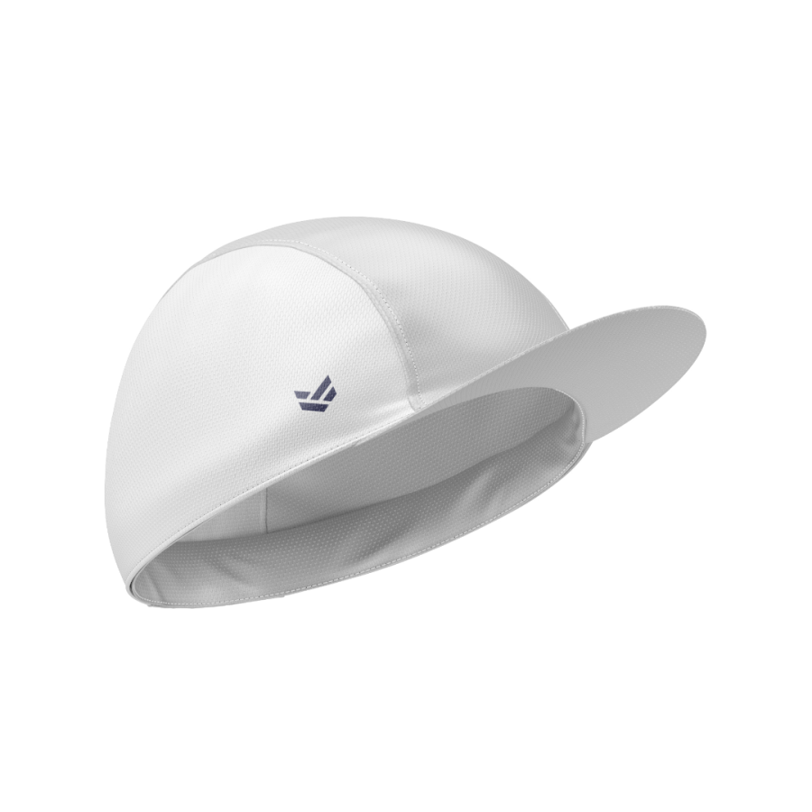 White customisable cycling cap with curved peak and editable colours, logos and branding details.