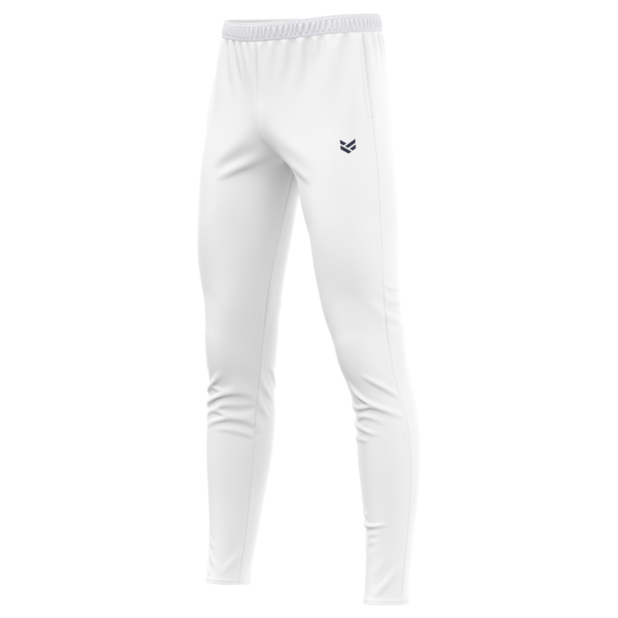 White customisable training trousers with tapered fit, featuring editable colours, logos and branding details.