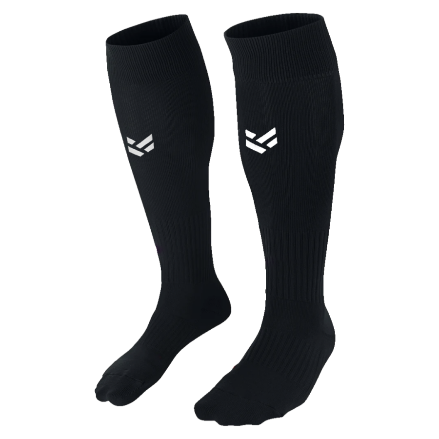 Black customisable football socks with ribbed knit texture and white logo, suitable for team kits and match-day wear.