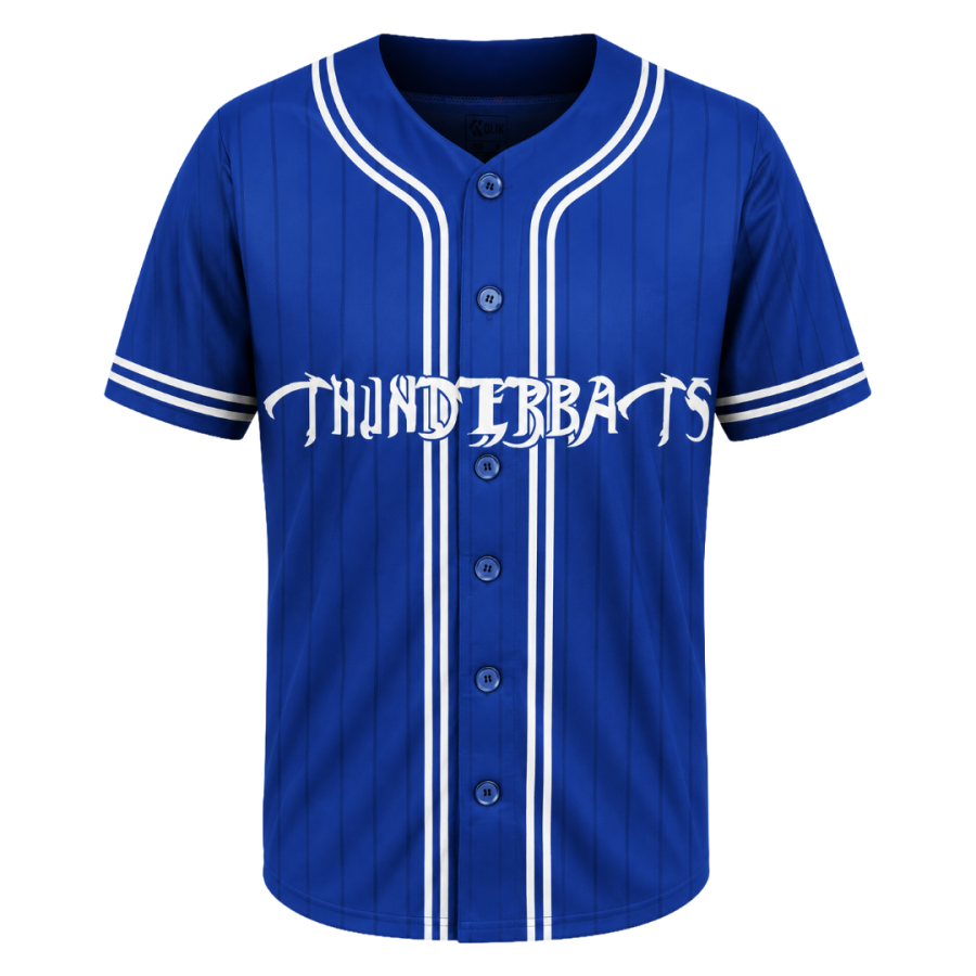 Blue pinstriped baseball jersey featuring white piping, front button fastening and stylised Thunderbats lettering across the chest.