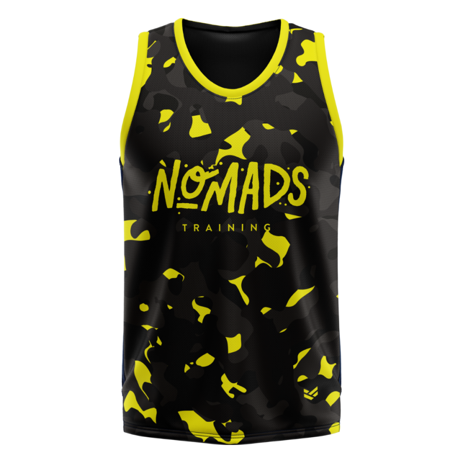 Custom sports vest featuring a bold yellow and black camouflage design, personalised with logos for gyms, fitness brands and sports clubs.