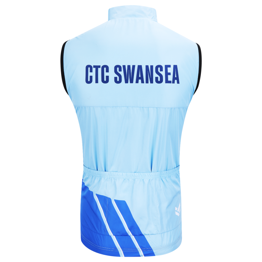 Rear view showing a light blue cycling gilet with CTC Swansea branding and three rear storage pockets.