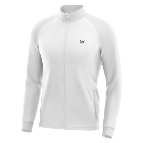 White customisable tracksuit top with full zip front and editable colours, logos and branding details.