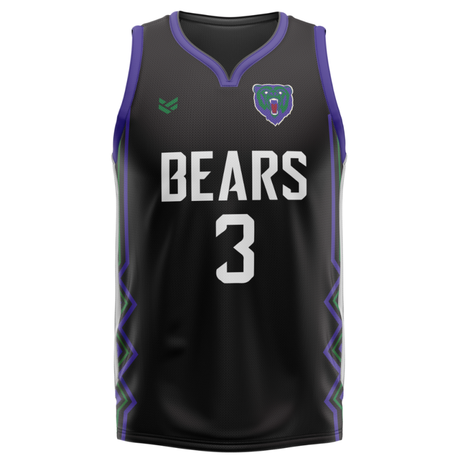 Black custom basketball jersey with purple trim, Bears team name, number 3 and bear logo, created for basketball teams seeking professional match-day uniforms.