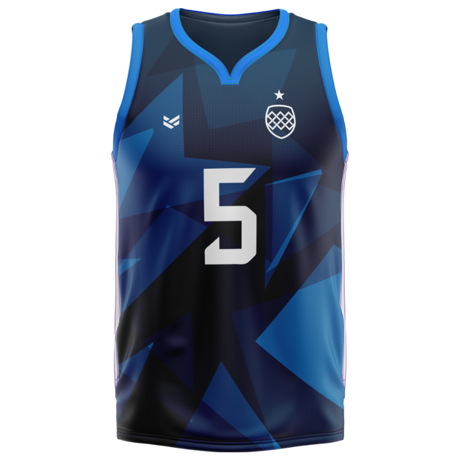 Blue and black sublimated basketball jersey with geometric pattern, white number 5 and custom team crest, suitable for clubs, academies and competitive basketball programmes.