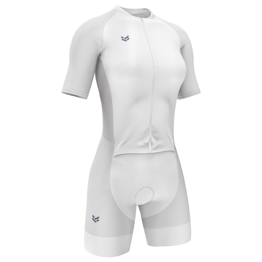 Customisable cycling skinsuit with aerodynamic fit, integrated shorts and a full-length front zip.