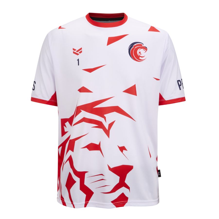 Customisable dodgeball shirt with geometric red and white design for England national dodgeball team.