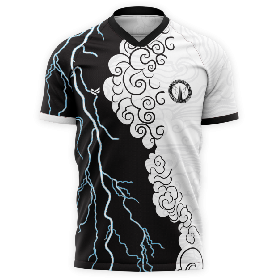 Customisable dodgeball shirt featuring lightning graphics and contrasting black and white design for The London Storm champion dodgeball team.