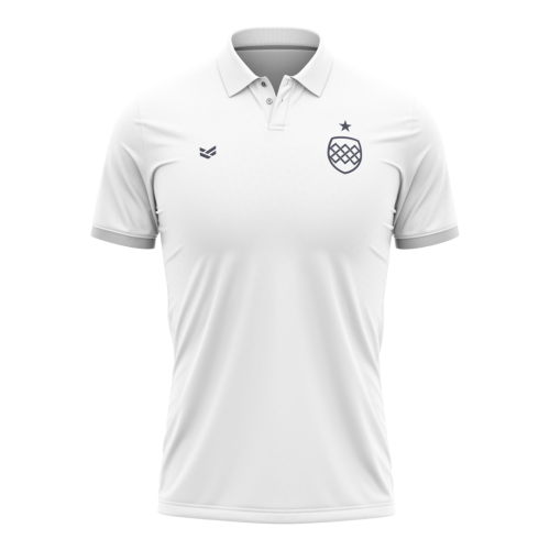 White customisable polo or golf shirt with collar, button placket and editable colours, logos and branding.