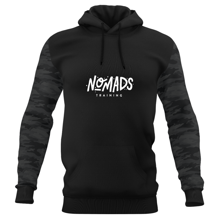 Black custom training hoodie with camouflage sleeves, large front logo and heavyweight fabric for clubs and fitness brands.