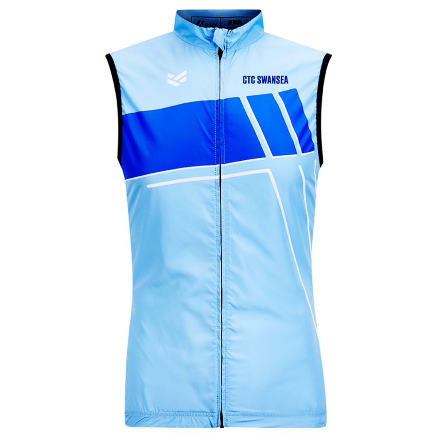 Light blue cycling gilet with bold blue graphics, club branding on the chest and a full front zip.