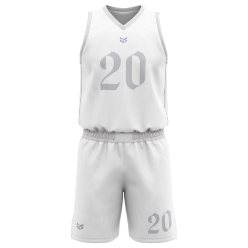 White customisable basketball kit including vest and shorts, with editable colours, numbers and team branding.