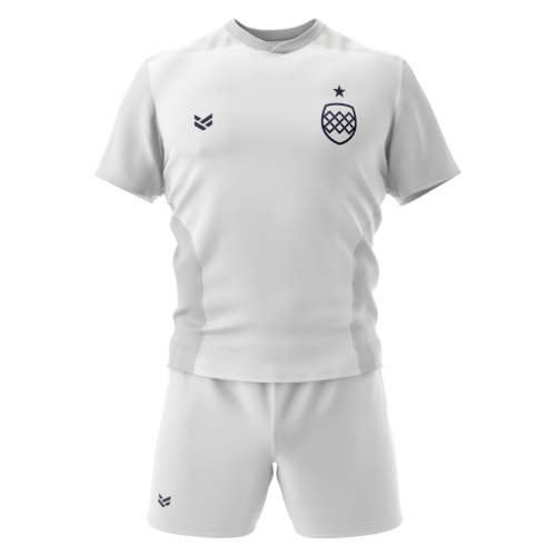 White rugby shirt and shorts kit designed for custom colours, crests, sponsor logos and team branding.