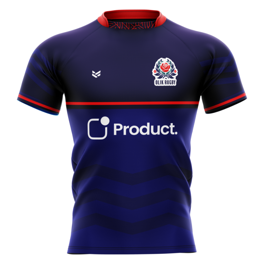 Navy customisable rugby shirt with tonal blue chevron pattern, red collar and sleeve trim, red chest stripe, OLIK Rugby crest and white Product sponsor logo. Personalised rugby jersey with custom colours, club badge and sponsor branding.