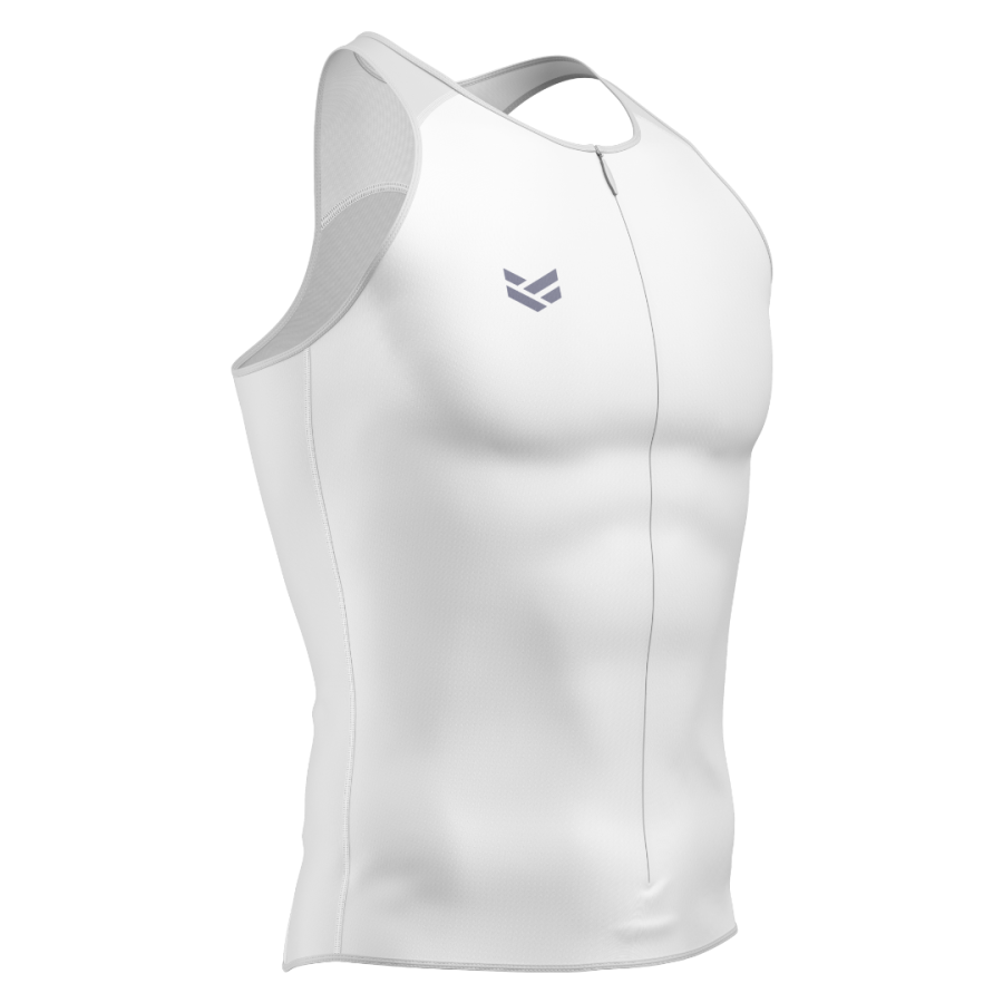 White customisable triathlon top with sleeveless performance fit and editable colours, logos and branding.