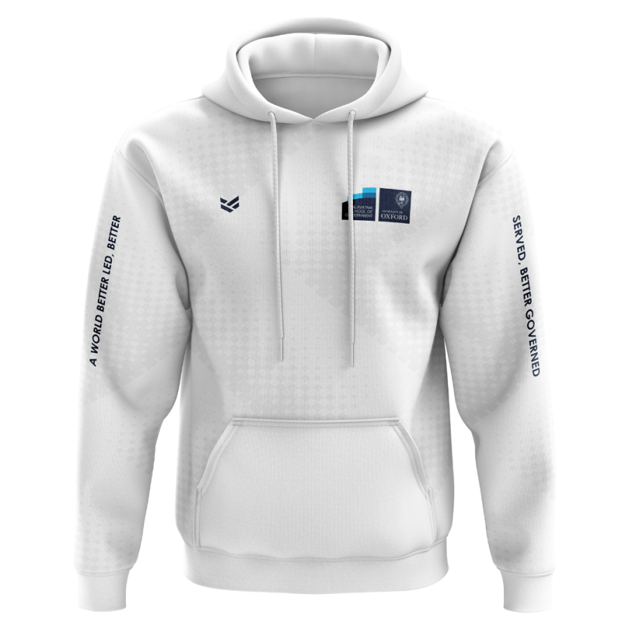 White custom printed hoodie featuring university branding, sleeve graphics and a kangaroo pocket for branded teamwear.