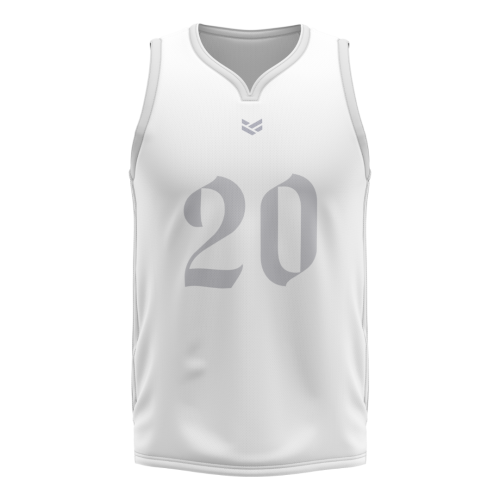 White customisable basketball vest with player number, featuring editable colours, logos and design details.