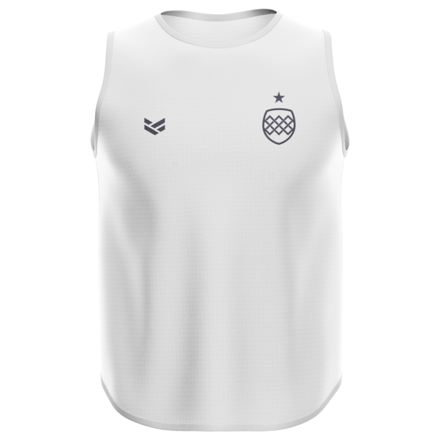 White customisable training bib with team branding, featuring editable colours, logos and design details.