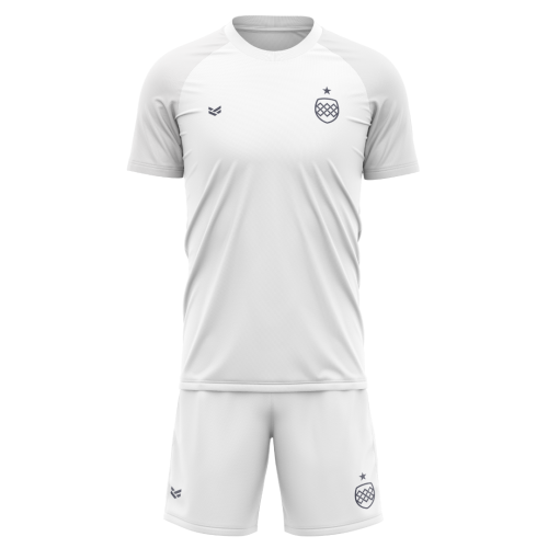 White customisable football shirt and shorts set featuring team branding, with editable colours, logos and design details.