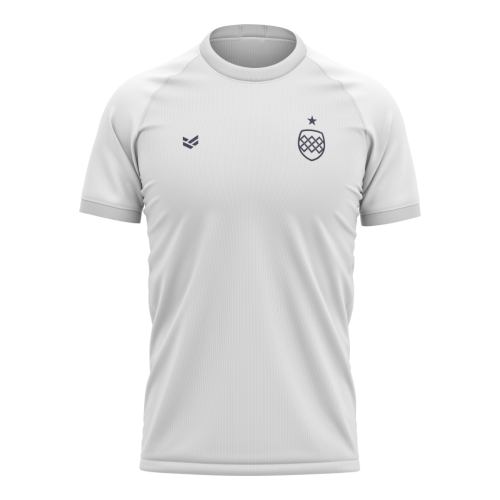 White customisable multi-sport t-shirt with crew neck design and editable colours, logos and branding.