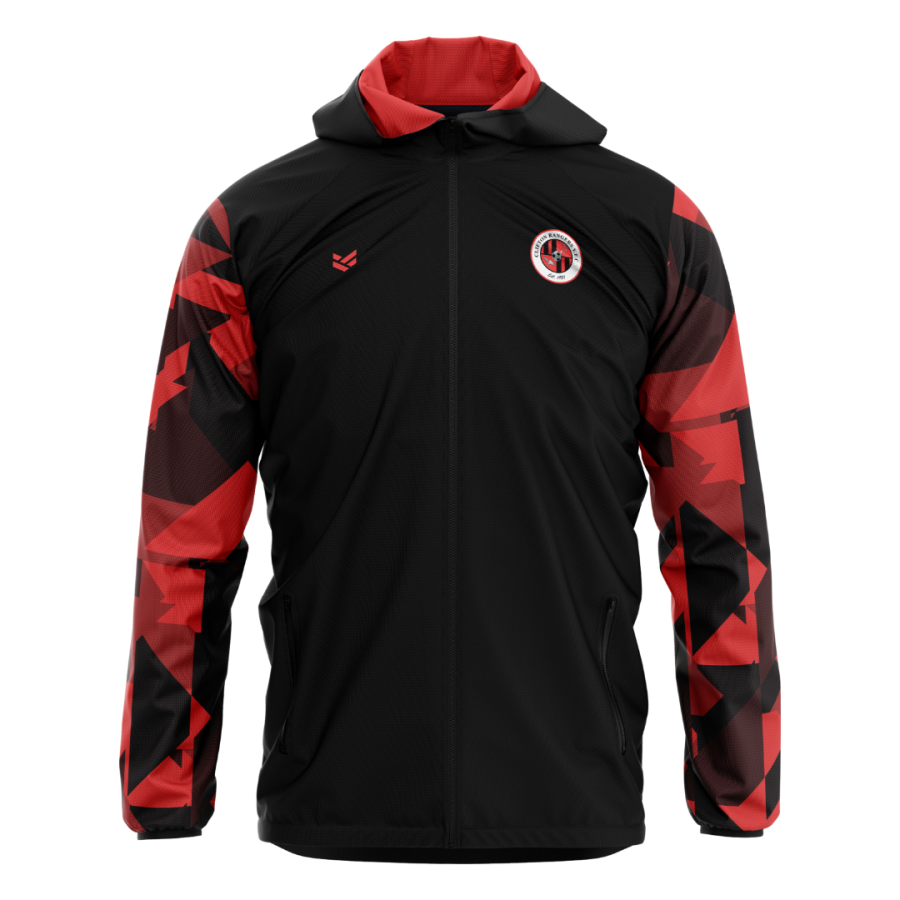 Bespoke black and red hooded windbreaker with geometric sleeves, custom club branding and hooded full-zip design.