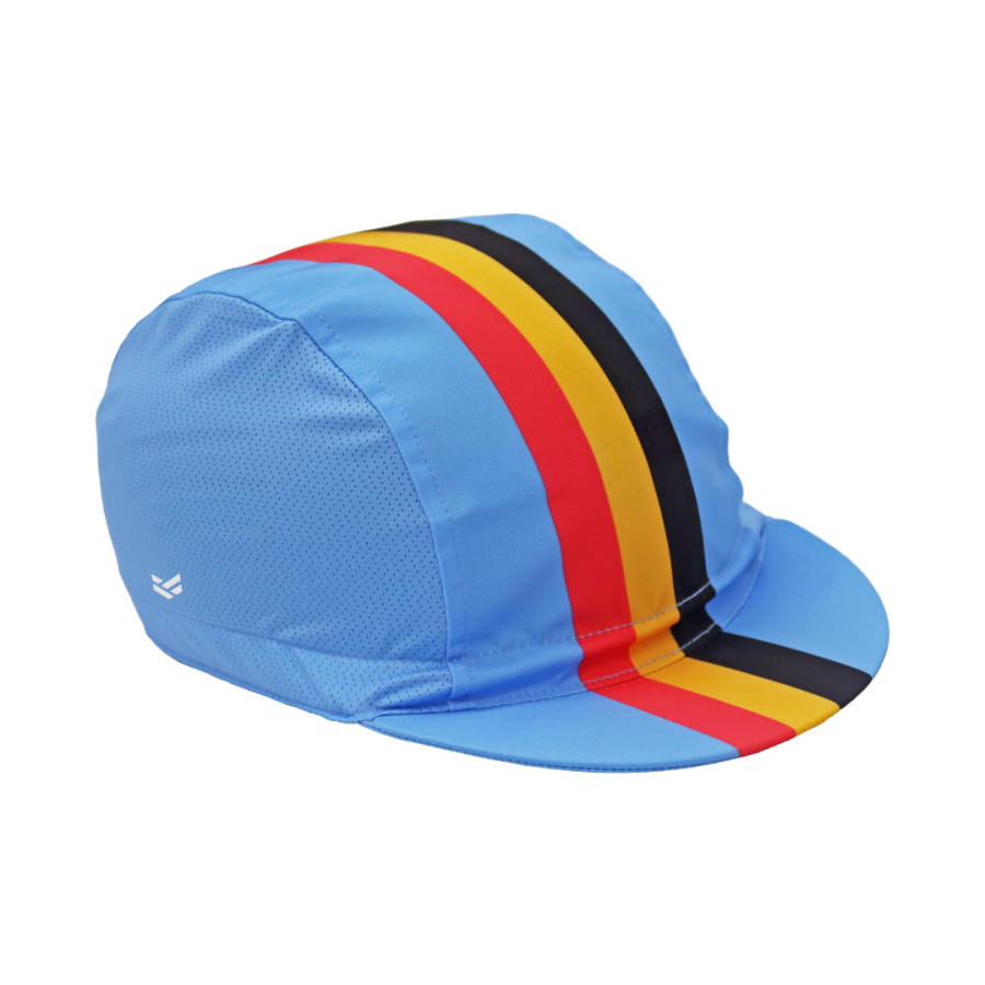 Light blue cycling cap with bold red, yellow and black stripes running from the crown across the peak in a retro design.