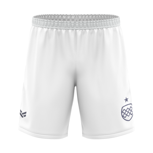 White customisable sports shorts with team branding, featuring editable colours, logos and design details.