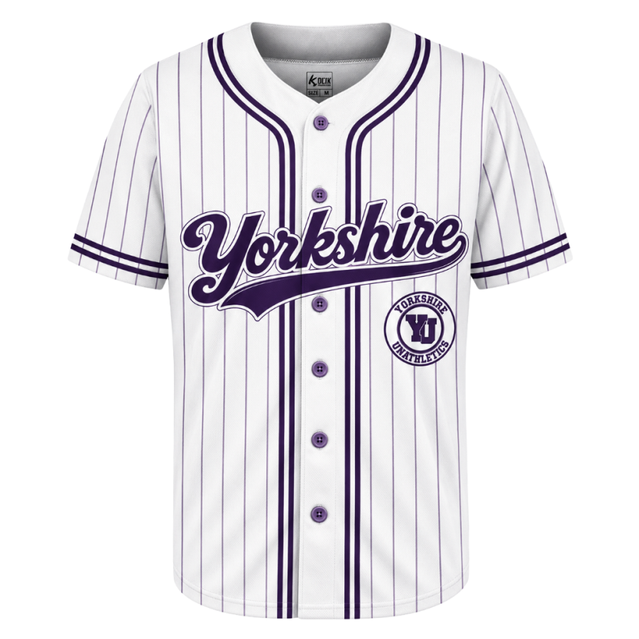 Fine purple pinstripes run across this white baseball jersey, finished with Yorkshire script and a matching embroidered-style crest.