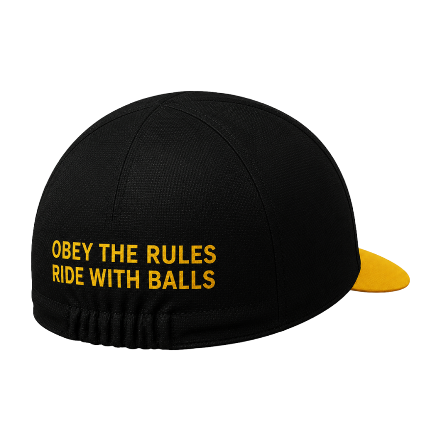 Rear view of a black cycling cap featuring yellow lettering, an elasticated back panel and a contrasting yellow peak.