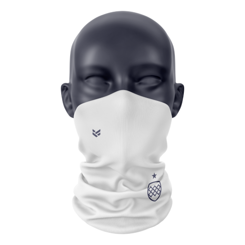 White customisable sports snood featuring team branding, with editable colours, logos and design details.
