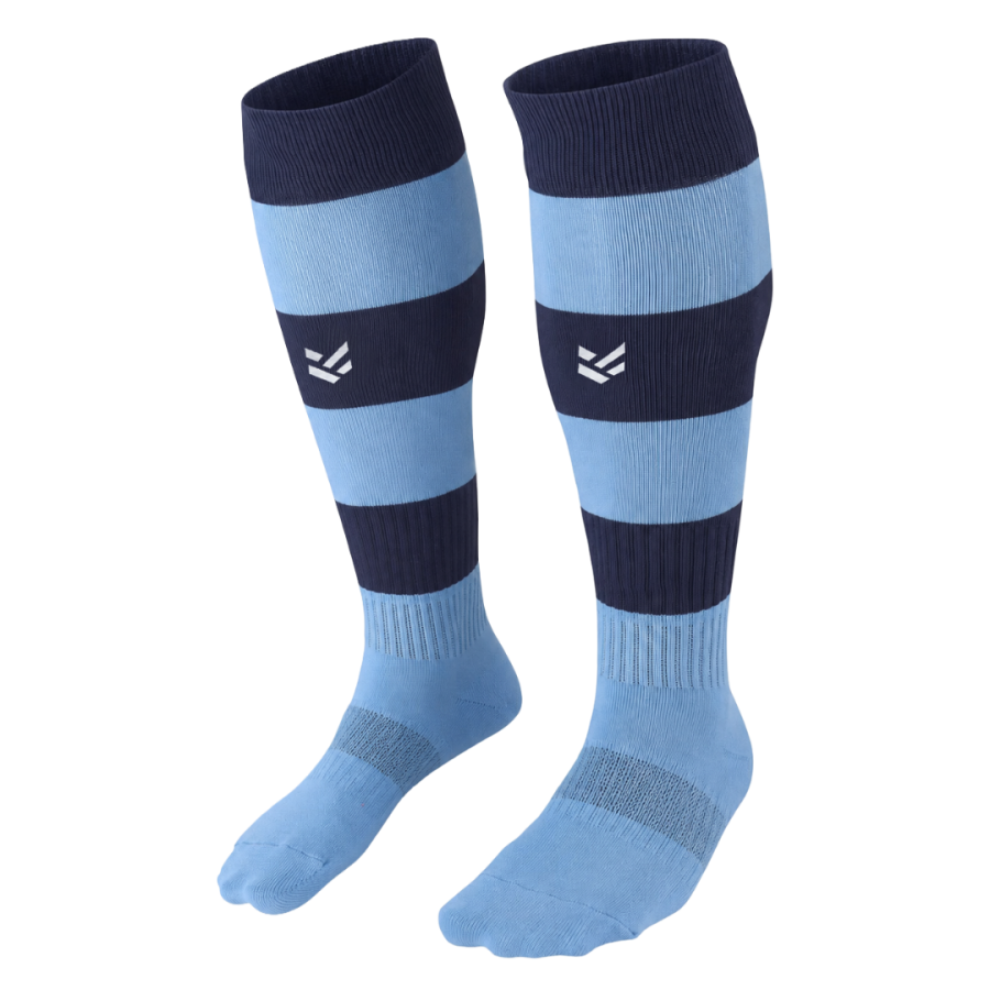 Sky blue and navy customisable football socks with hooped design, made for clubs, schools and full football kits.