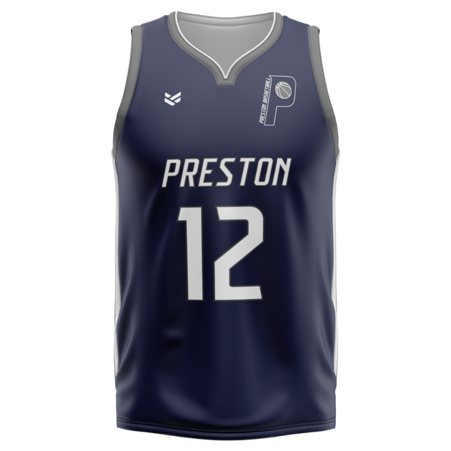 Navy blue custom basketball jersey with grey trim, Preston team name, number 12 and club crest, designed for university teams, clubs and competitive basketball leagues.