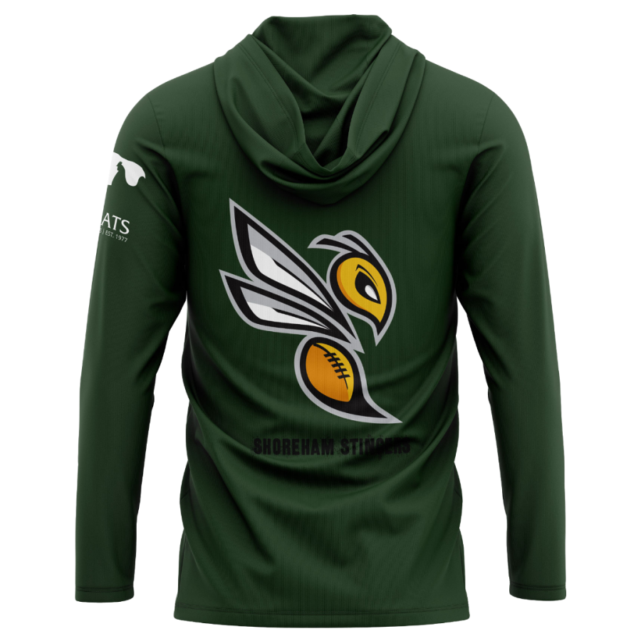 Rear view of a personalised hooded tracksuit top featuring a large Shoreham Stingers logo and integrated hood.