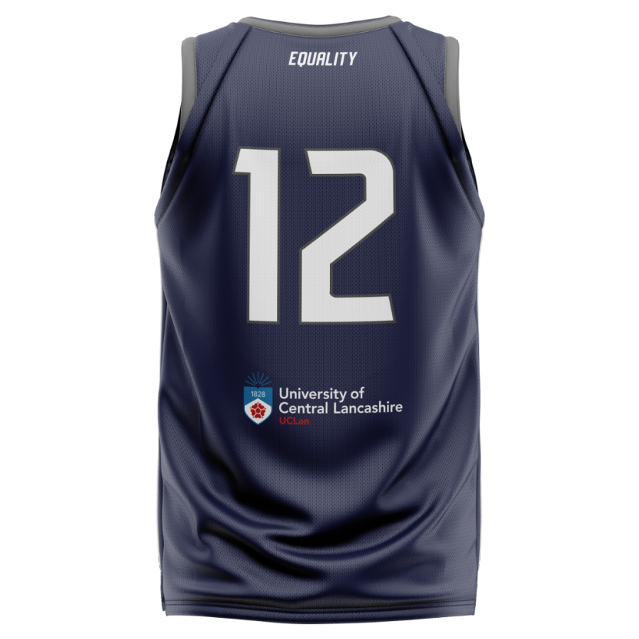 Rear view of a navy blue personalised basketball jersey featuring white number 12, Equality text and sponsor logo, ideal for basketball clubs, schools and tournament teams.